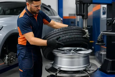Profissional trocando pneus usando ferramentas em uma borracharia em Piraquara.